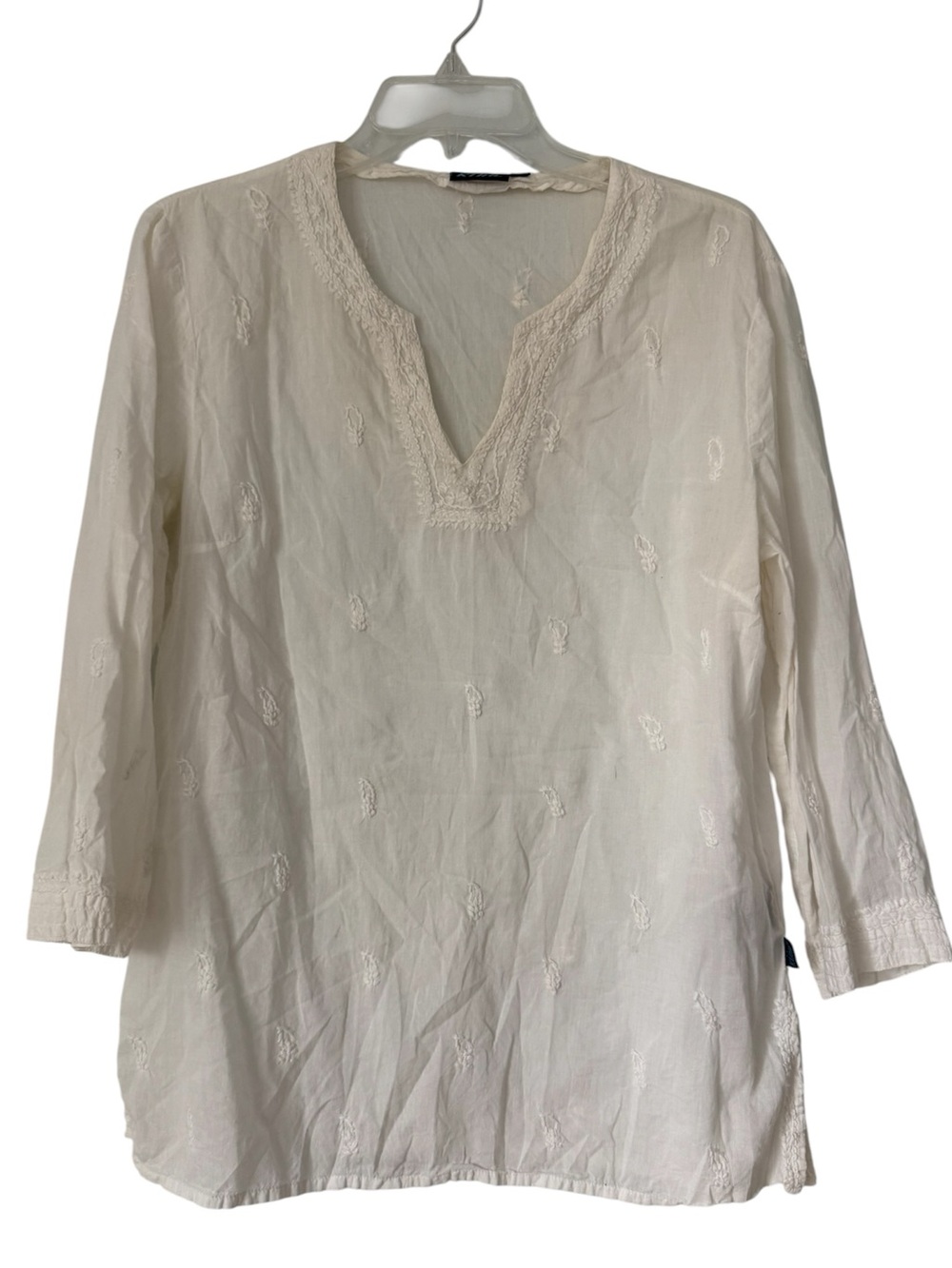KUHL Boho Chic Lightweight White Tunic, 3/4 Sleeves, Embroidered | LARGE
